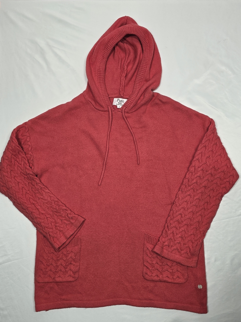 Pure Knits by Neon Buddha Coral Cable Knit Sleeve Cotton Hoodie Sweater Large